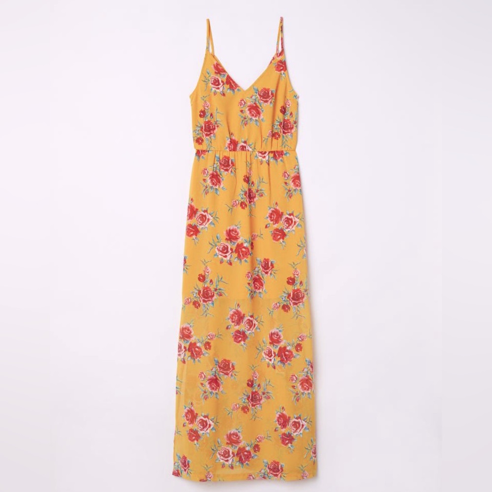 H&M Yellow Floral Maxi Dress High Slits Costume Party Tropical Beachy Vacation